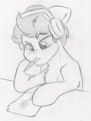 Size: 1542x2055 | Tagged: safe, artist:zemer, oc, earth pony, pony, chest fluff, drawing, headphones, monochrome, mouth hold, pencil, pencil drawing, stick figure, traditional art
