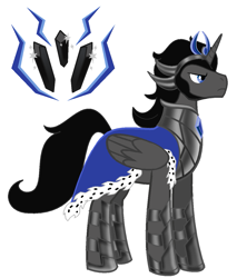 Size: 1081x1271 | Tagged: safe, alternate version, artist:itzeldrag108, king sombra, alicorn, pony, g4, alicornified, alternate design, armor, bevor, blue eyes, boots, chestplate, clothes, crown, cutie mark, good king sombra, gorget, helmet, jewelry, king sideburns, lord sombra, male, race swap, regalia, robe, royal cape, shoes, solo, sombra's cutie mark, sombracorn, tiara