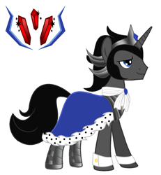 Size: 1267x1373 | Tagged: safe, alternate version, artist:itzeldrag108, king sombra, pony, unicorn, g4, alternate design, armor, bevor, bio, biography in description, blue eyes, boots, chestplate, clothes, crown, cutie mark, good king sombra, gorget, helmet, jewelry, king sideburns, male, prince sombra, regalia, robe, royal cape, scarf, shoes, solo, sombra's cutie mark
