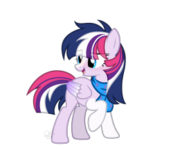 Size: 2422x2122 | Tagged: safe, artist:mint-light, double diamond, twilight sparkle, pegasus, pony, g4, clothes, coat markings, eye clipping through hair, eyelashes, female, fusion, high res, mare, open mouth, raised hoof, scarf, simple background, smiling, socks (coat markings), solo, transparent background