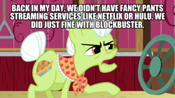 Size: 600x337 | Tagged: safe, edit, edited screencap, screencap, granny smith, earth pony, pony, g4, where the apple lies, back in my day, caption, female, image macro, solo, text
