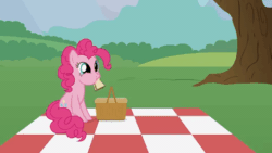 Size: 480x270 | Tagged: safe, artist:forgalorga, pinkie pie, earth pony, pony, it's picnic time, g4, animated, basket, chewing ponies, cute, diapinkes, female, food, forgalorga is trying to kill us, happy, herbivore, mare, nom, picnic, picnic basket, picnic blanket, pinkie being pinkie, puffy cheeks, sandwich, sitting, solo, sweet dreams fuel, tree