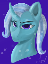 Size: 1417x1890 | Tagged: safe, artist:flaxen's art corner, trixie, pony, unicorn, g4, horn, lidded eyes, looking at you, purple eyes, smiling