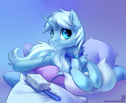 Size: 2424x2000 | Tagged: safe, artist:jedayskayvoker, oc, oc only, oc:crystal tundra, pony, unicorn, brush, brushable, collar, crystal heart, fluffy, high res, leash, looking at you, male, pet play, pillow, solo, stallion, toy