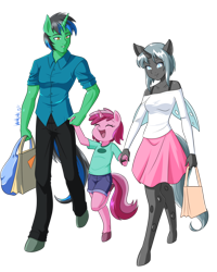 Size: 3600x4500 | Tagged: safe, artist:danmakuman, queen chrysalis, ruby pinch, oc, oc only, oc:greg green, anthro, g4, clothes, commission, eyes closed, family, pants, shorts, simple background, skirt, smiling, transparent background, wholesome
