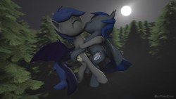 Size: 1280x720 | Tagged: safe, alternate version, artist:batponyecho, oc, oc only, oc:echo, oc:fang, bat pony, pony, 3d, bat pony oc, bat wings, commission, cutie mark, eyes closed, female, flying, forest, kissing, male, mare, moon, night, oc x oc, shipping, source filmmaker, spread wings, stallion, straight, tail, tree, wings, ych result