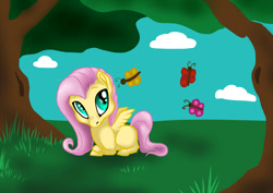 Size: 1000x707 | Tagged: safe, artist:isuna, fluttershy, butterfly, pegasus, pony, g4, blank flank, cloud, digital art, female, filly, filly fluttershy, mare, sky, solo, tree, wings, younger