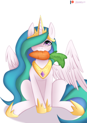 Size: 2894x4093 | Tagged: safe, artist:cottonaime, princess celestia, alicorn, pony, g4, :3, carrot, crown, cute, cutelestia, daaaaaaaaaaaw, female, food, hair over one eye, herbivore, jewelry, looking at you, mare, mouth hold, nom, regalia, sitting, smiling, solo, spread wings, wing fluff, wings