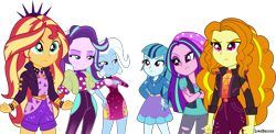 Size: 6161x3000 | Tagged: safe, artist:limedazzle, adagio dazzle, aria blaze, sonata dusk, starlight glimmer, sunset shimmer, trixie, equestria girls, g4, absurd resolution, beanie, clothes, clothes swap, counterparts, group, hat, jacket, pants, role reversal, show accurate, simple background, skirt, taco dress, the dazzlings, torn clothes, transparent background, trio, twilight's counterparts, vector