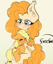 Size: 1356x1648 | Tagged: safe, artist:freefraq, applejack, pear butter, g4, cute, female, filly, filly applejack, jackabetes, mother and child, mother and daughter, pearabetes, weapons-grade cute, younger
