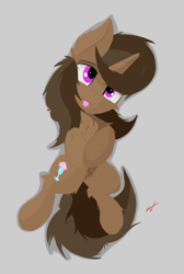 Size: 3392x5040 | Tagged: safe, artist:groomlake, oc, oc only, oc:buttercup shake, pony, unicorn, bed, body pillow, canon x oc, cute, female, friendship, gray background, looking at you, love, lying on bed, on bed, simple background, solo, tongue out