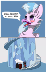 Size: 1200x1889 | Tagged: safe, artist:starrypallet, king sombra, silverstream, hippogriff, pony, unicorn, g4, female, funny, king sombra's stair dimension, male, shipping, sombrastream, speech bubble, stairs, stallion, straight, text, that hippogriff sure does love stairs, that pony sure does love stairs