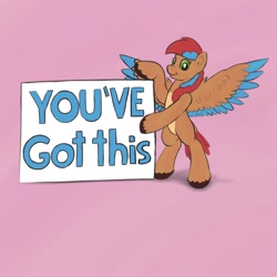 Size: 2000x2000 | Tagged: safe, artist:redquoz, oc, oc only, oc:allegra mazarine, bird, bird pone, pegasus, pony, artist training grounds 2020, bipedal, bird tail, blank flank, colored sketch, encouragement, green eyes, high res, hooves, looking at you, paintstorm studio, pegasus oc, sign, simple background, smiling at you, solo, spread wings, two toned mane, two toned wings, wings