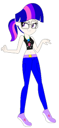 Size: 278x601 | Tagged: safe, artist:azura-bases, artist:loladreamteam, twilight sparkle, human, g4, alternate hairstyle, base used, bedroom eyes, belly button, belt, clothes, female, glasses, grin, humanized, jeans, midriff, pants, shoes, simple background, smiling, solo, tank top, transparent background
