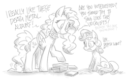 Size: 2104x1398 | Tagged: safe, artist:flutterthrash, fluttershy, sweetie belle, pegasus, pony, unicorn, g4, atg 2020, choker, chokershy, dialogue, duo, female, filly, mare, metalshy, monochrome, newbie artist training grounds, simple background, spiked choker, traditional art, white background