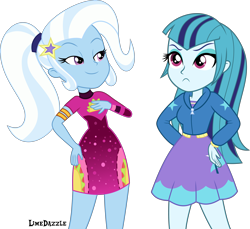 Size: 4922x4500 | Tagged: safe, artist:limedazzle, sonata dusk, trixie, equestria girls, g4, absurd resolution, clothes, clothes swap, duo, duo female, female, hoodie, minidress, ponytail, show accurate, simple background, skirt, taco dress, transparent background