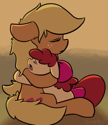 Size: 943x1086 | Tagged: safe, artist:llametsul, apple bloom, applejack, earth pony, pony, g4, atg 2020, bow, comforting, crying, cutie mark, ear fluff, eyes closed, female, filly, hair bow, hug, mare, messy mane, newbie artist training grounds, open mouth, sad, siblings, sisters, sitting, tail bow
