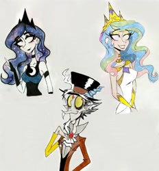 Size: 2472x2662 | Tagged: safe, artist:citi, discord, princess celestia, princess luna, human, g4, crown, female, hand on chest, hat, high res, humanized, jewelry, male, man, regalia, snaggletooth, starry hair, top hat, traditional art, woman