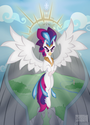 Size: 912x1270 | Tagged: safe, artist:virenth, queen novo, hippogriff, g4, my little pony: the movie, angry, female, jewelry, looking at you, mount aris, regalia, solo, spread wings, watermark, wings