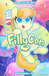 Size: 1500x2318 | Tagged: safe, artist:dawnfire, oc, oc only, oc:freedom belle, pony, fillycon, convention, cute, female, filly, fillydelphia, mascot, philadelphia, poster, print, solo