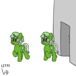 Size: 800x800 | Tagged: safe, artist:vohd, oc, oc:downvote, oc:upvote, earth pony, pony, unicorn, derpibooru, animated, derpibooru ponified, downvote, frame by frame, meta, one of these things is not like the others, ponified, simple background, upvote, walking