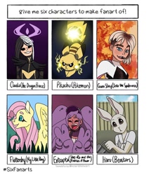 Size: 1080x1272 | Tagged: safe, artist:kandiedpastels, fluttershy, butterfly, human, pegasus, pikachu, pony, rabbit, anthro, g4, :d, animal, anthro with ponies, beastars, bust, clothes, crossover, electricity, entrapta, female, grass, gwen stacy, haru (beastars), male, mare, open mouth, peace sign, pokémon, she-ra and the princesses of power, six fanarts, smiling, spider-man, spider-man: into the spider-verse, the dragon prince