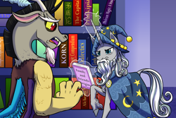 Size: 1800x1200 | Tagged: safe, artist:thescornfulreptilian, discord, star swirl the bearded, draconequus, pony, unicorn, g4, book, duo, duo male, magic, male, stallion, story included, telekinesis