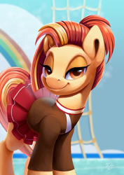 Size: 1554x2200 | Tagged: safe, artist:tsitra360, shimmy shake, earth pony, pony, g4, cheerleader, clothes, female, lidded eyes, looking at you, mare, smiling, solo