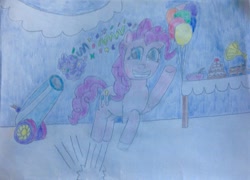 Size: 1675x1208 | Tagged: safe, artist:mr.myoozik, derpibooru exclusive, part of a set, pinkie pie, earth pony, pony, g4, balloon, banner, blue eyes, breaking the fourth wall, cake, confetti, cutie mark, female, food, gramophone, grin, ladle, looking at you, mare, party, party cannon, photo, pink hair, pronking, punch (drink), punch bowl, record player, sketchbook, smiling, solo, streamers, table, traditional art, waving
