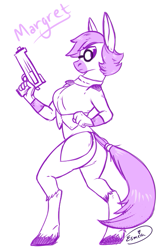 Size: 393x608 | Tagged: safe, artist:esmeia, oc, oc only, earth pony, anthro, unguligrade anthro, clothes, earth pony oc, female, glasses, gun, limited palette, lineart, simple background, unshorn fetlocks, weapon, white background