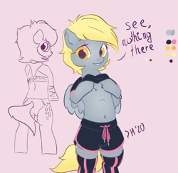 Size: 2196x2140 | Tagged: safe, artist:drafthoof, derpy hooves, pegasus, pony, alternate hairstyle, bipedal, chest fluff, clothes, female, mare, pink background, shorts, simple background, solo, sports