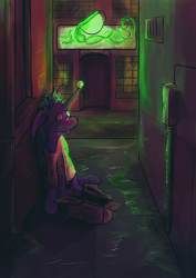 Size: 1416x2000 | Tagged: safe, artist:overlord pony, oc, oc only, oc:mix tape, hybrid, mule, pony, unicorn, alley, box, city, homeless, muleicorn, neon, neon sign, night, redraw, sad, scenery, solo, storefront, tennis ball