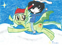 Size: 1280x931 | Tagged: safe, artist:sinanjuke, oc, oc only, bat pony, human, pony, bat pony oc, bat wings, clothes, feet, female, flying, hat, mare, night, open mouth, riding, signature, smiling, stars, traditional art, waving, wings