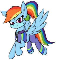 Size: 1477x1621 | Tagged: safe, artist:moonatik, rainbow dash, pegasus, pony, adventure in the comments, alternate hairstyle, buckball fan gear rainbow dash, clothes, face mask, female, jacket, mare, mask, pants, ponytail, simple background, solo, sports bra, surgical mask, sweatpants, transparent background