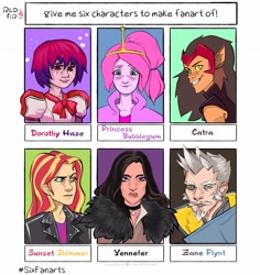 Size: 1936x2048 | Tagged: safe, artist:redfir6, sunset shimmer, human, g4, adventure time, beard, borderlands, bust, catra, choker, clothes, crossover, dorothy haze, facial hair, female, frown, humanized, male, moustache, princess bubblegum, she-ra and the princesses of power, six fanarts, va-11 hall-a: cyberpunk bartender action, witcher, yennefer of vengerberg, zane flynt