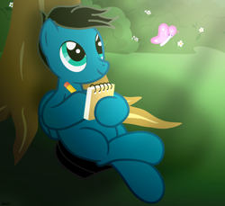 Size: 7200x6600 | Tagged: safe, artist:agkandphotomaker2000, oc, oc:pony video maker, butterfly, pegasus, pony, bush, crossed legs, inspiration, notebook, pencil, resting, show accurate, sitting, sunlight, tree, tree shadow, writing