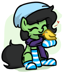 Size: 259x300 | Tagged: safe, artist:plunger, oc, oc:filly anon, oc:warm filly, bird, pony, clothes, cute, female, filly, hat, heart, scarf, socks, striped socks