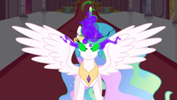 Size: 2000x1124 | Tagged: safe, screencap, princess celestia, alicorn, pony, g4, the crystal empire, dark magic, ethereal mane, female, glowing horn, horn, jewelry, magic, mare, peytral, solo, sombra eyes, spread wings, tiara, wings