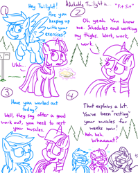 Size: 4779x6013 | Tagged: safe, artist:adorkabletwilightandfriends, rainbow dash, starlight glimmer, twilight sparkle, alicorn, pegasus, pony, unicorn, comic:adorkable twilight and friends, g4, adorkable, adorkable twilight, called out, caught, caught red hooved, comic, cute, dork, exercise, female, flying, glowing, glowing horn, horn, humor, inconvenient starlight, levitation, magic, magic aura, mail, mailbox, mare, outdoors, sweat, sweating profusely, teased, telekinesis, twilight sparkle (alicorn), vague