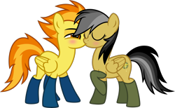 Size: 7000x4315 | Tagged: safe, alternate version, artist:n0kkun, daring do, spitfire, pegasus, pony, g4, bedroom eyes, blushing, clothes, daringfire, eyes closed, female, kissing, lesbian, mare, raised hoof, shipping, show accurate, simple background, socks, transparent background