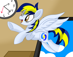 Size: 1920x1500 | Tagged: safe, artist:notadeliciouspotato, oc, oc only, oc:huracata, pegasus, pony, atg 2020, clock, computer, desk, female, flying, laptop computer, mare, newbie artist training grounds, open mouth, smiling, solo, spread wings, wings