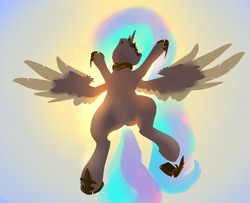 Size: 3700x3000 | Tagged: safe, artist:xbi, princess celestia, alicorn, pony, g4, 30 minute art challenge finished after, belly, crown, featureless crotch, female, flying, gradient background, high res, hoof shoes, jewelry, low angle, nose in the air, open mouth, peytral, praise the sun, regalia, sky, solo, spread wings, summer sun celebration, wings
