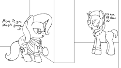Size: 1920x1080 | Tagged: safe, artist:spritepony, trixie, pony, unicorn, g4, bag, clothes, crouching, guard, lineart, loot bag, newbie artist training grounds, payday 2, sketch, suit, sunglasses, talking