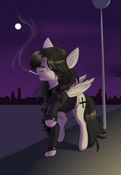 Size: 2107x3049 | Tagged: safe, artist:fire_hyena, pegasus, pony, cigarette, city, cityscape, clothes, commission, eye clipping through hair, eyebrows, eyebrows visible through hair, eyes closed, folded wings, gerard way, high res, jacket, male, moon, mouth hold, my chemical romance, night, night sky, ponified, raised hoof, raised leg, scarf, sky, smoke, smoking, stallion, stars, street, tattered, tattered wings, walking, wings, ych result