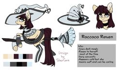 Size: 3903x2290 | Tagged: safe, artist:shercore, oc, oc only, oc:roccoco raven, earth pony, pony, blank flank, bored, broom, choker, clothes, eyeshadow, female, fingerless gloves, gloves, hat, high res, makeup, mare, mismatched socks, reference sheet, simple background, socks, solo, stockings, striped socks, thigh highs, underhoof, white background, witch, witch costume, witch hat