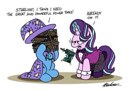 Size: 1024x721 | Tagged: safe, artist:bobthedalek, starlight glimmer, trixie, pony, unicorn, assistant, assistant's outfit, atg 2020, box, chains, clothes, drill, duo, fail, female, lock, magic, magic show, magic trick, mare, newbie artist training grounds, padlock, power drill, rope, starlight glimmer is not amused, telekinesis, this will end in tears, this will not end well, unamused