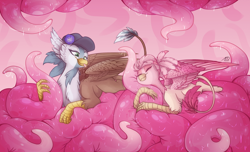 Size: 3188x1940 | Tagged: safe, artist:amberluvsbugs, oc, oc only, oc:geraldine, oc:glory, griffon, duo, eyes closed, female, griffon oc, hat, signature, spread wings, tentacles, tongue out, wings
