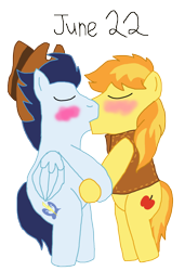 Size: 1280x1875 | Tagged: safe, artist:horroraceman93, braeburn, soarin', earth pony, pegasus, pony, g4, duo, gay, hat, holding hooves, kiss on the lips, kissing, male, ship:soarburn, shipping, simple background, transparent background
