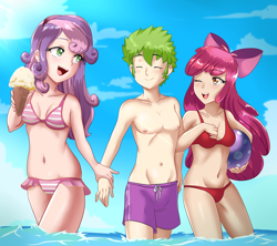 Size: 2164x1920 | Tagged: safe, alternate version, artist:thebrokencog, apple bloom, spike, sweetie belle, human, g4, anime, belly button, bikini, clothes, commission, female, food, humanized, ice cream, male, ship:spikebelle, ship:spikebloom, shipping, spike gets all the mares, straight, swimsuit, water