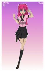Size: 1920x3120 | Tagged: safe, artist:banquo0, pinkie pie, human, art pack:my little persona, g4, clothes, female, humanized, peace sign, pleated skirt, school uniform, skirt, socks, solo